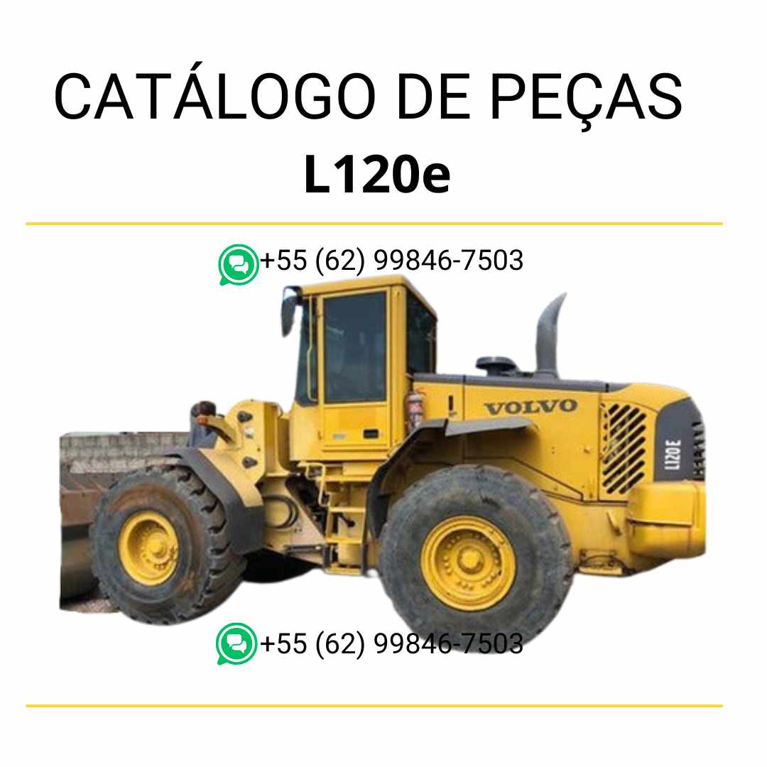 Catálogo de peças em PDF da pá carregadeira Volvo L120E, com diagramas técnicos ilustrados, conteúdo em português e códigos de componentes originais