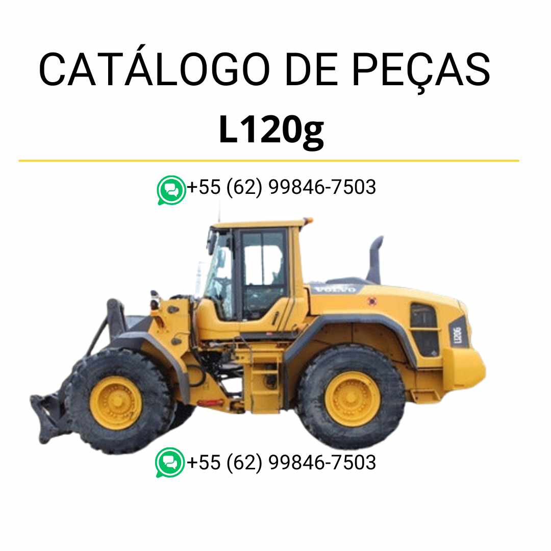 Catálogo de peças em PDF da pá carregadeira Volvo L120G, com conteúdo em português, diagramas técnicos detalhados e códigos de manutenção