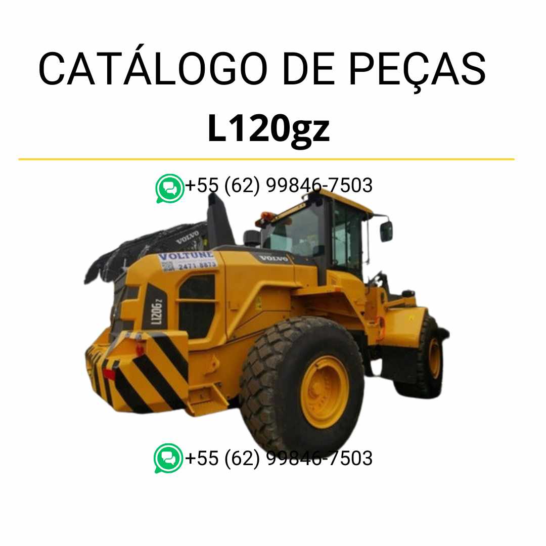 Catálogo de peças em PDF da pá carregadeira Volvo L120GZ, com conteúdo em português, diagramas técnicos detalhados e códigos de componentes
