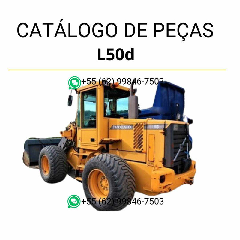 Catálogo de peças PDF da pá carregadeira Volvo L50D em português, com ilustrações, códigos e diagramas originais para manutenção e reparo