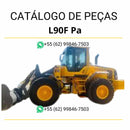 Catálogo de peças PDF em português da pá carregadeira Volvo L90F com listas técnicas, códigos e diagramas completos.