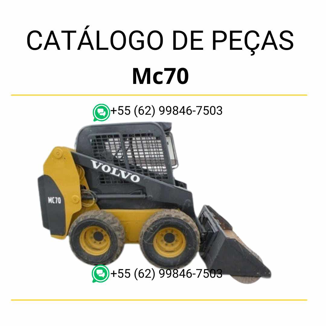 Catálogo de peças PDF da minicarregadeira Volvo MC70, com listas de componentes, diagramas ilustrados e conteúdo em português.