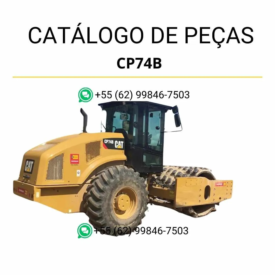 Catálogo de peças Caterpillar CP74B em PDF com ilustrações técnicas detalhadas e identificação completa dos componentes originais do rolo compactador vibratório.