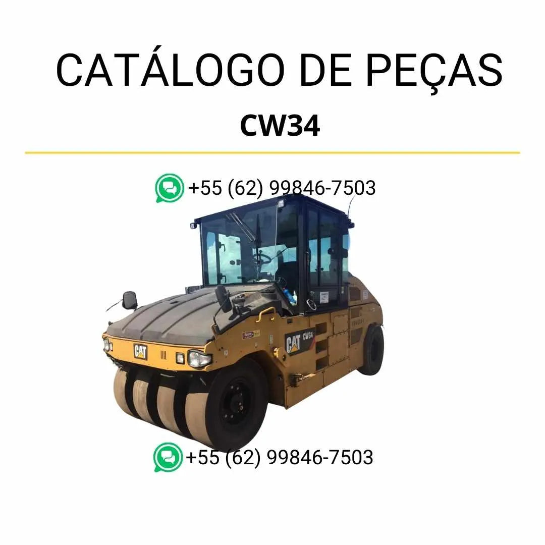 Catálogo de peças Caterpillar CW34 em PDF com ilustrações técnicas e identificação precisa dos componentes do rolo compactador pneumático.