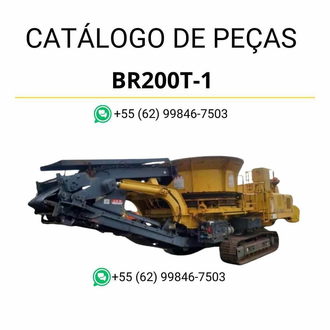 Catálogo de peças Komatsu BR200T-1A em PDF, com ilustrações técnicas e identificação detalhada dos componentes do triturador e reciclador.