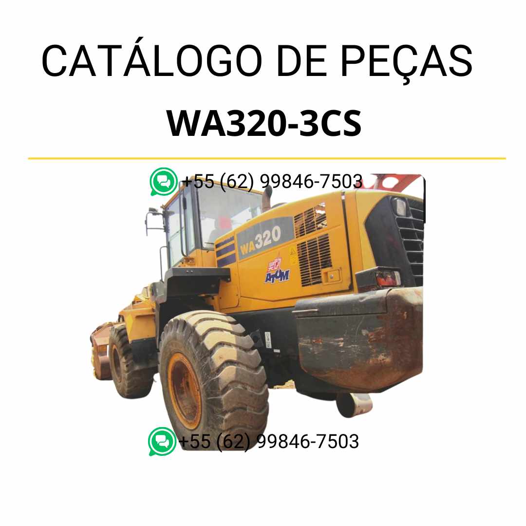 Catálogo de peças Komatsu WA320-3MC em PDF, com ilustrações técnicas e organização detalhada para identificação dos componentes da carregadeira de rodas.