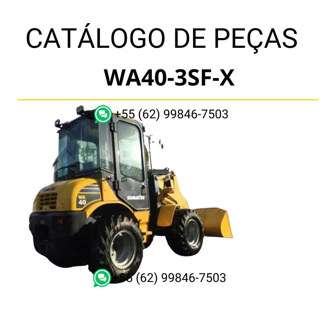 Catálogo de peças Komatsu WA40-3-X em PDF, trazendo ilustrações técnicas e identificação completa dos componentes da carregadeira de rodas.