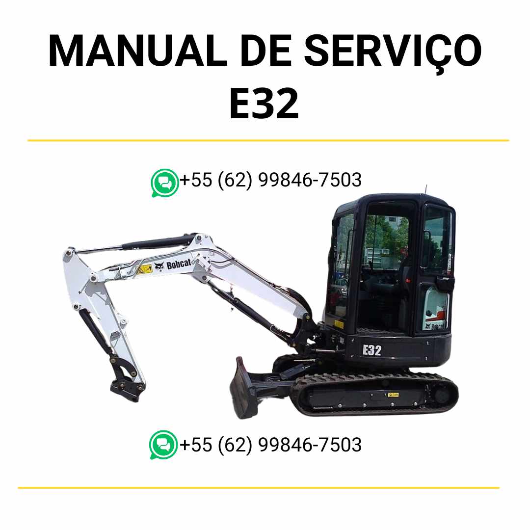 Manual de serviço Bobcat E32 em PDF com instruções detalhadas de manutenção, ajustes hidráulicos e reparos do escavador compacto.