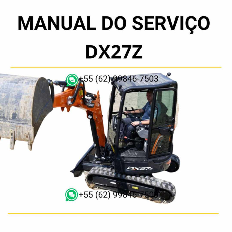 Manual de serviço em PDF do escavador hidráulico Doosan DX27Z com procedimentos completos de reparo, ajustes e manutenção detalhada