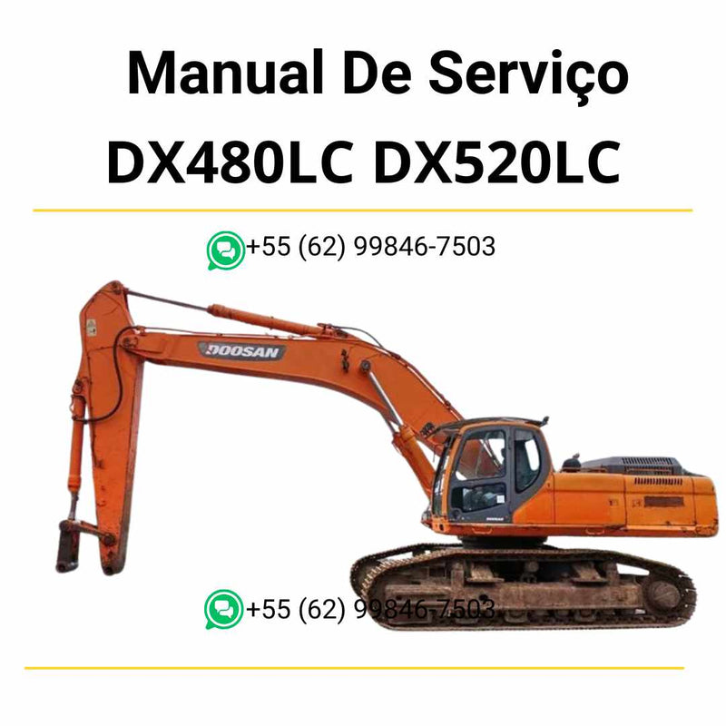 Manual de serviço em PDF dos escavadores hidráulicos Doosan DX480LC e DX520LC com instruções completas de reparo, manutenção e ajustes técnicos