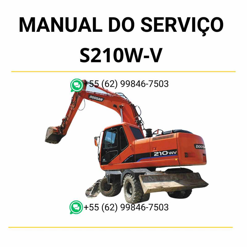 Manual de serviço em PDF da escavadeira Doosan S210W-V em inglês, com orientações completas de reparo, manutenção e ajustes técnicos