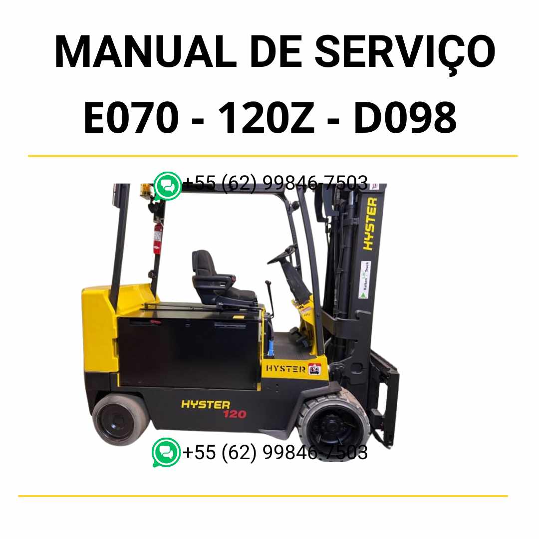 Manual de serviço Hyster E070-120Z em PDF — guia técnico completo com instruções detalhadas de manutenção elétrica, hidráulica e mecânica da empilhadeira.