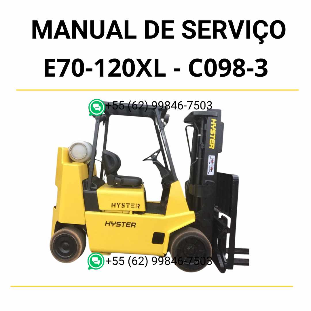 Manual de serviço Hyster E70-120XL em PDF — guia técnico completo com instruções de manutenção elétrica, hidráulica e diagnósticos detalhados da empilhadeira.