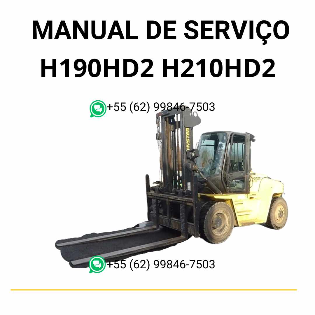 Manual de serviço Hyster H190HD2, H210HD2 e H230HD2 em PDF com instruções detalhadas de manutenção e ajustes técnicos da empilhadeira.