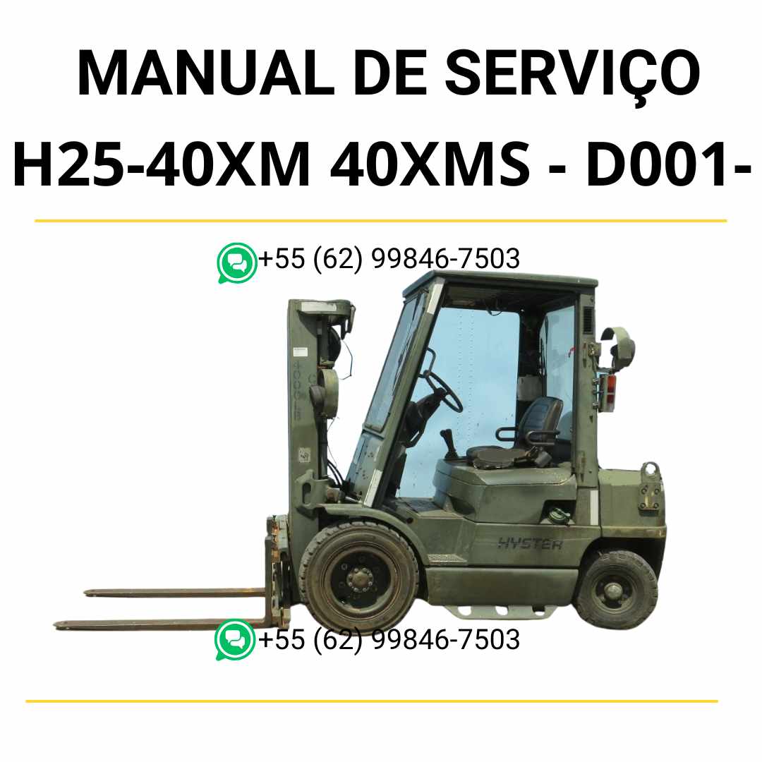 Manual de serviço Hyster H25-40XM e 40XMS (D001-2) em PDF com instruções detalhadas, diagramas técnicos e guia completo de manutenção.