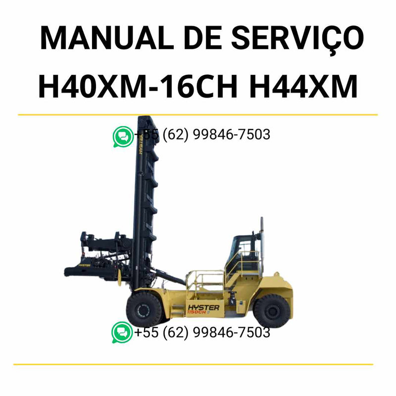 Manual de serviço Hyster H40XM-16CH, H44XM-16CH e H48XM em PDF com guia completo de manutenção, ajustes e ilustrações técnicas das empilhadeiras.