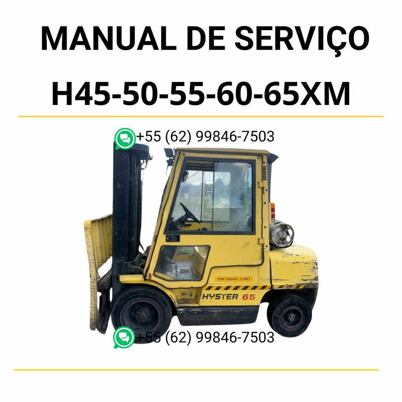 Manual de serviço Hyster H45-50-55-60-65XM (K177) em PDF com instruções detalhadas de manutenção e diagramas técnicos completos.