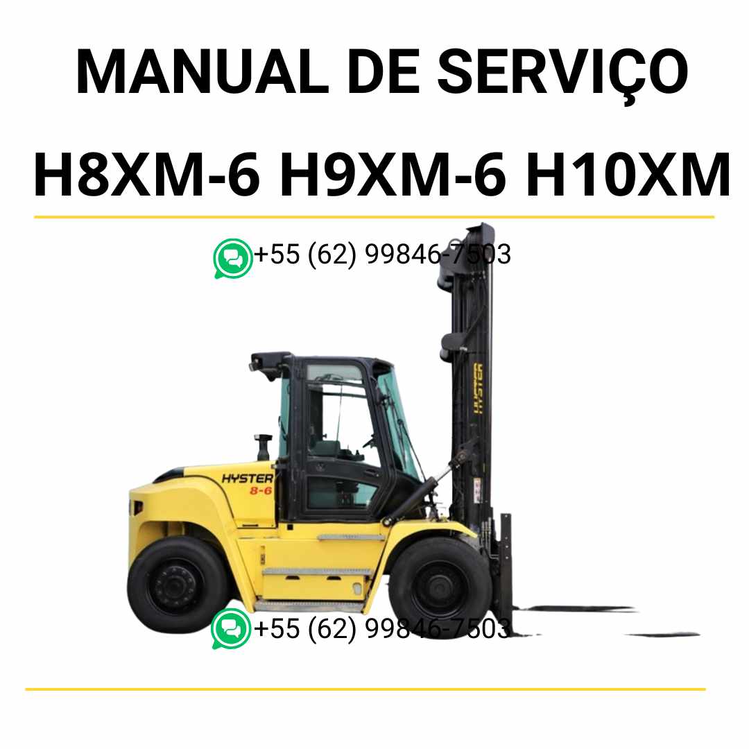 Manual de serviço Hyster H8XM-6, H9XM-6, H10XM-6 e H10XMS-6 em PDF com guia técnico completo e instruções detalhadas de manutenção.