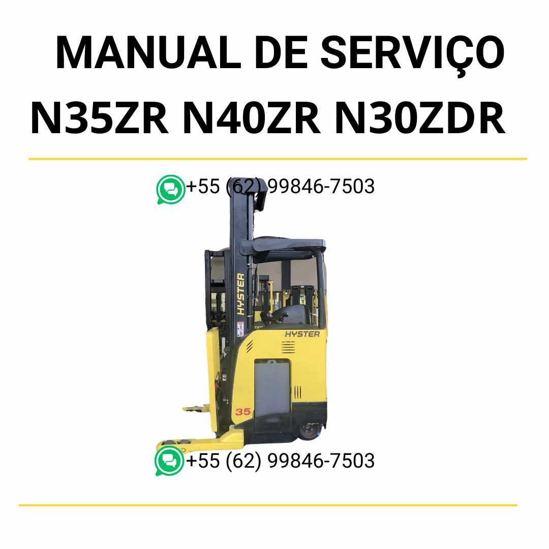 Manual de serviço Hyster N35ZR, N40ZR e N30ZDR em PDF com guias completos, ilustrações técnicas e instruções detalhadas de manutenção.