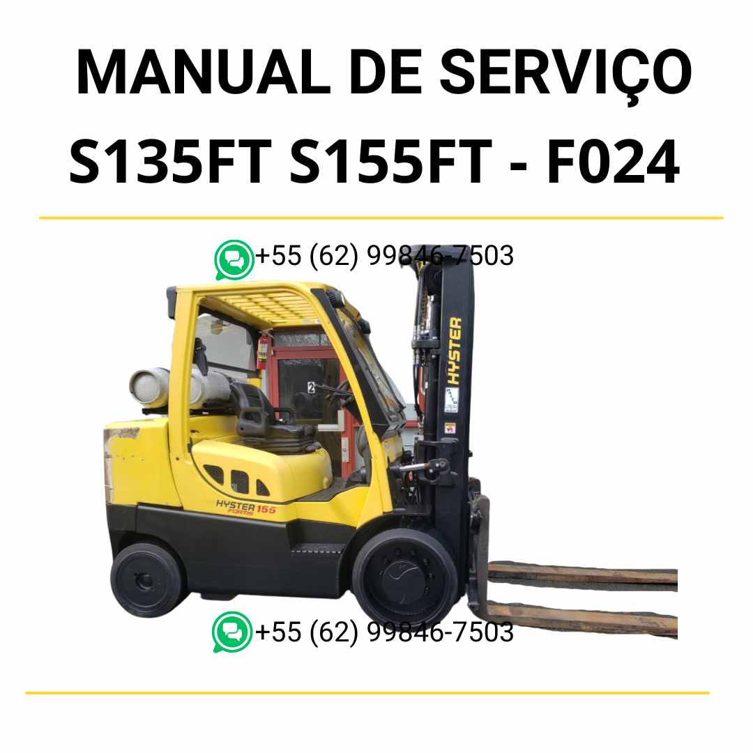Manual de serviço Hyster S135FT e S155FT (F024) em PDF — guia técnico completo com ilustrações detalhadas e procedimentos de manutenção da empilhadeira.