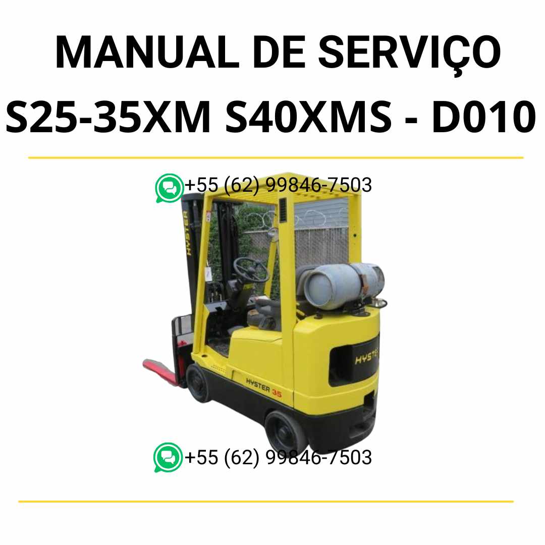 Manual de serviço Hyster S25-35XM e S40XMS (D010) em PDF — guia técnico completo com ilustrações e procedimentos detalhados de manutenção da empilhadeira.