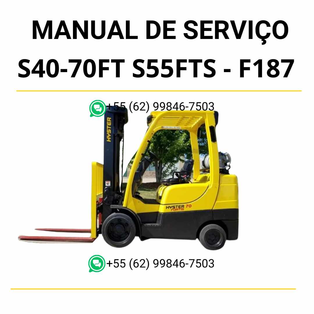 Manual de serviço Hyster S40-70FT e S55FTS (F187) em PDF — guia técnico completo com ilustrações e procedimentos detalhados de manutenção da empilhadeira.