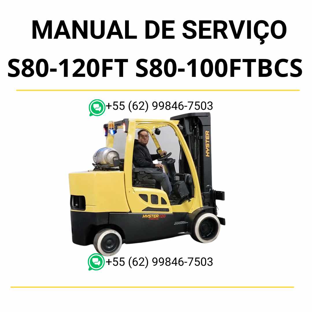 Manual de serviço Hyster S80-120FT, S80-100FTBCS e S120FTS em PDF — guia técnico completo com ilustrações e procedimentos detalhados de manutenção da empilhadeira.