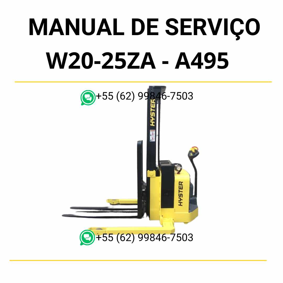 Manual de serviço Hyster W20-25ZA (A495) em PDF com instruções completas de manutenção e diagramas técnicos detalhados.