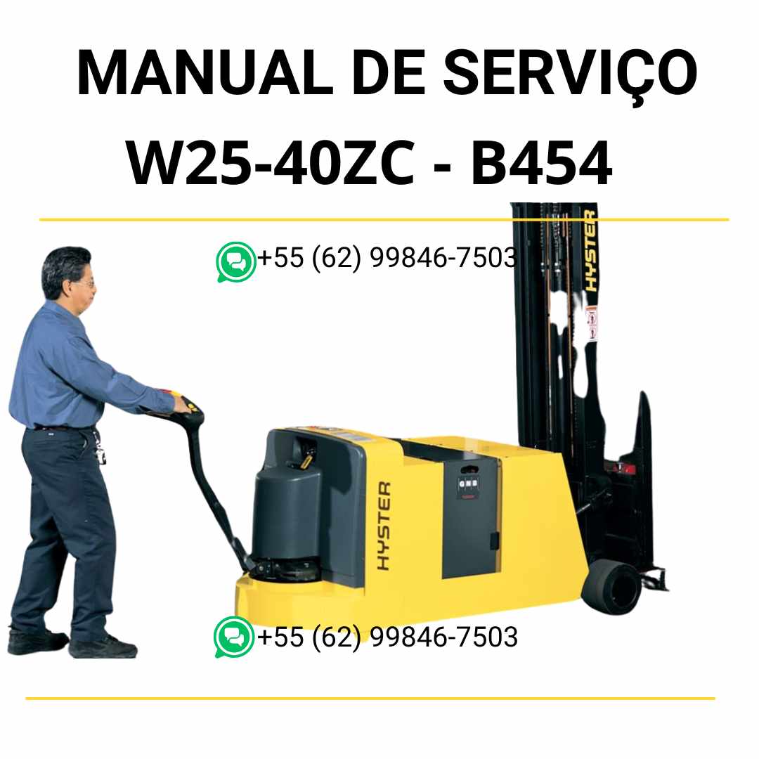 Manual de serviço Hyster W25-40ZC (B454) em PDF com guia técnico completo, ilustrações detalhadas e instruções de manutenção passo a passo.