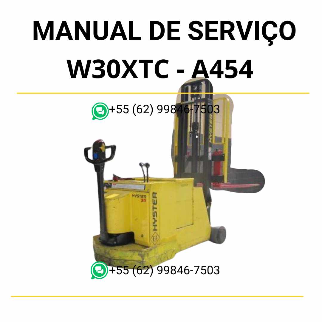 Manual de serviço Hyster W30XTC (A454) em PDF com instruções completas de diagnóstico, manutenção preventiva e diagramas elétricos ilustrados.
