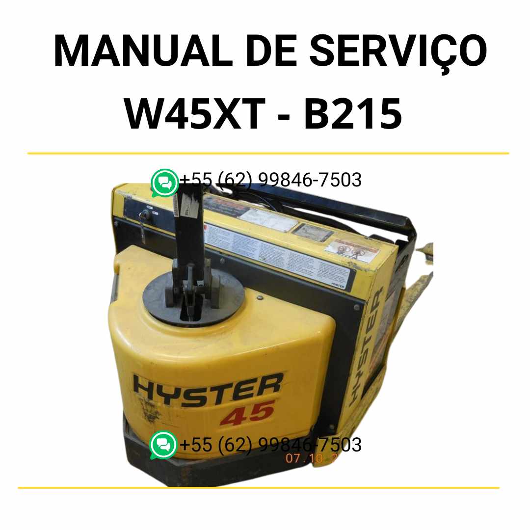 Manual de serviço Hyster W45XT B215 em PDF, com instruções detalhadas e ilustrações técnicas para manutenção de paleteiras.