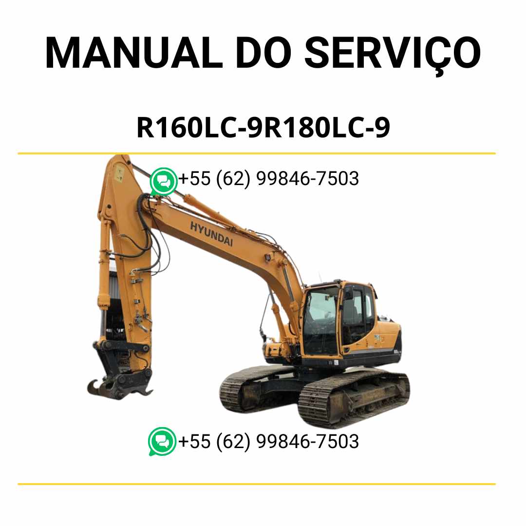 Manual de serviço Hyundai R160LC-9 e R180LC-9 em PDF para escavadores hidráulicos, guia técnico completo com instruções de manutenção e diagramas ilustrados