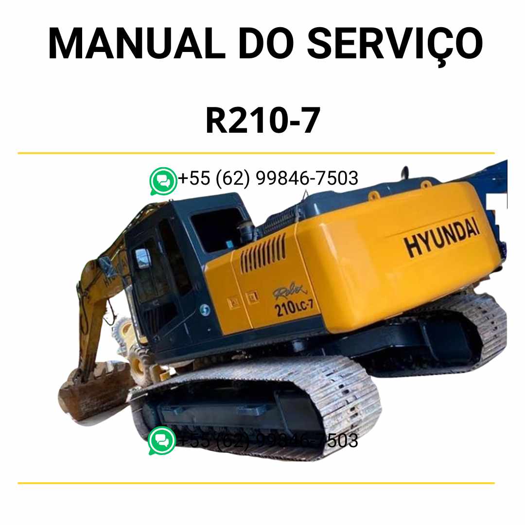 Manual de serviço Hyundai R210-7 (PDF) para escavador hidráulico, com ilustrações técnicas, esquemas de sistemas e orientações de reparo completo.