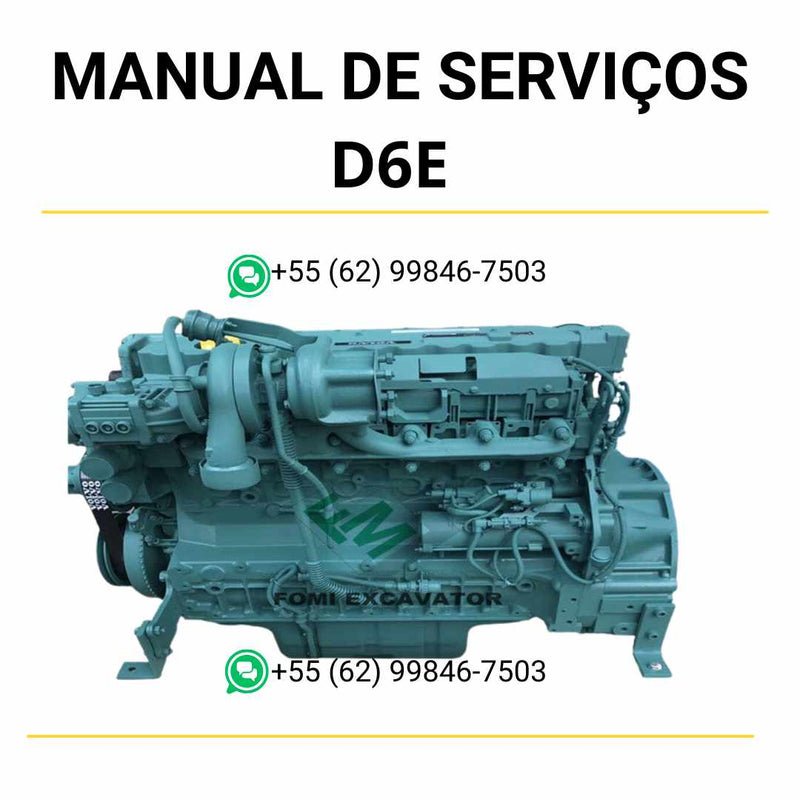 Manual de serviço do motor Volvo D6E em PDF, com diagramas técnicos, especificações completas e orientações detalhadas de manutenção.