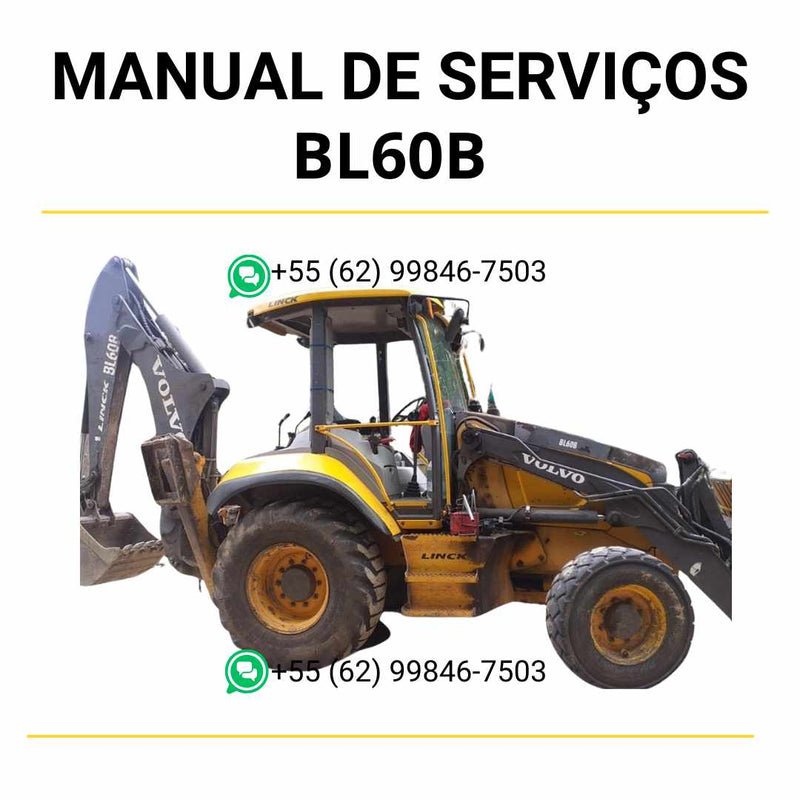 Manual de serviço de oficina Volvo BL60B em PDF, com instruções detalhadas de manutenção, diagnósticos e reparos para retroescavadeiras