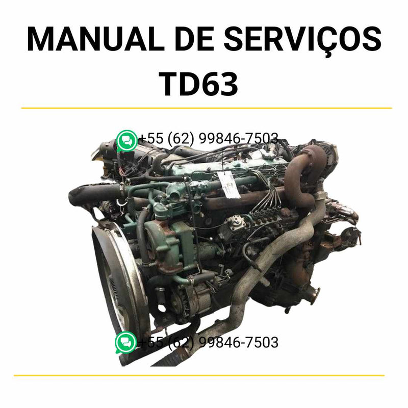 Manual de serviço de oficina do motor Volvo TD63 em PDF, com orientações completas para manutenção preventiva, reparos mecânicos e diagnósticos técnicos