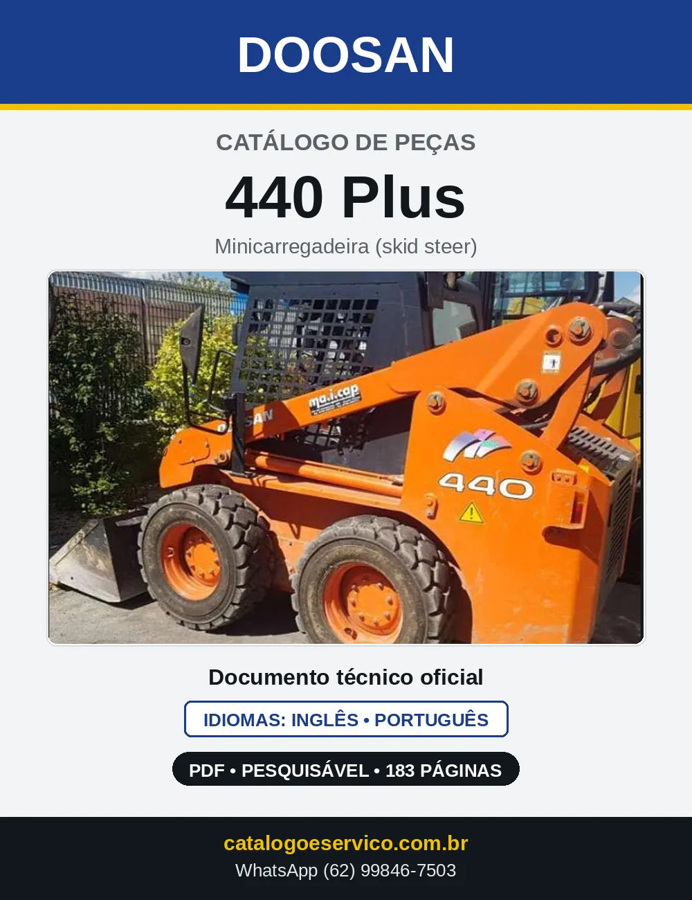 Capa do Catálogo de Peças Doosan 440 Plus em PDF, inglês e português