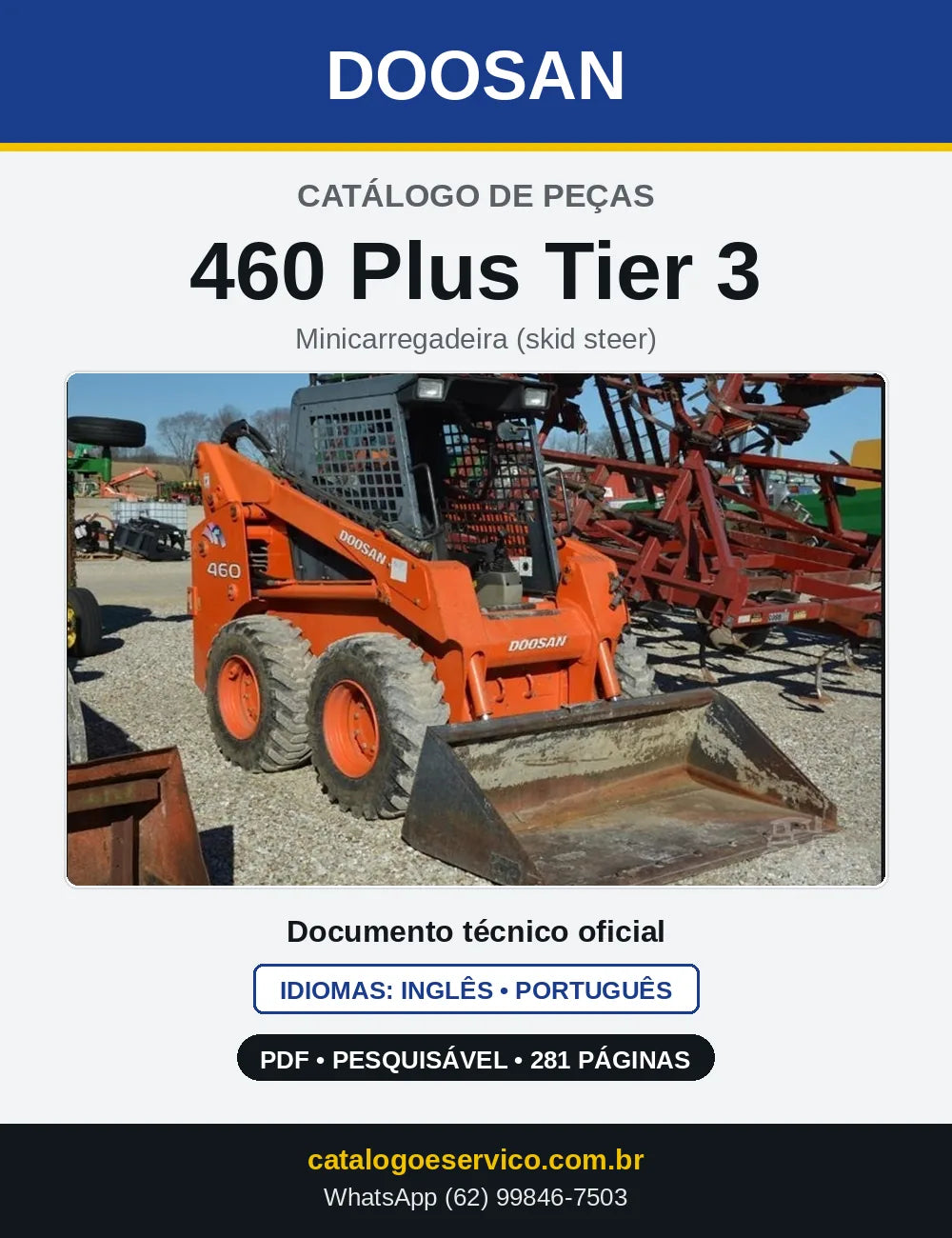 Capa do Catálogo de Peças Doosan 460 Plus Tier 3 em PDF, inglês e português