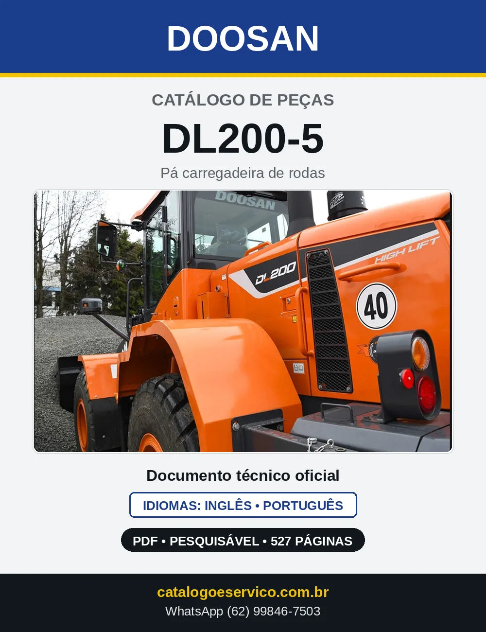 Capa do Catálogo de Peças Doosan DL200-5 em PDF, inglês e português