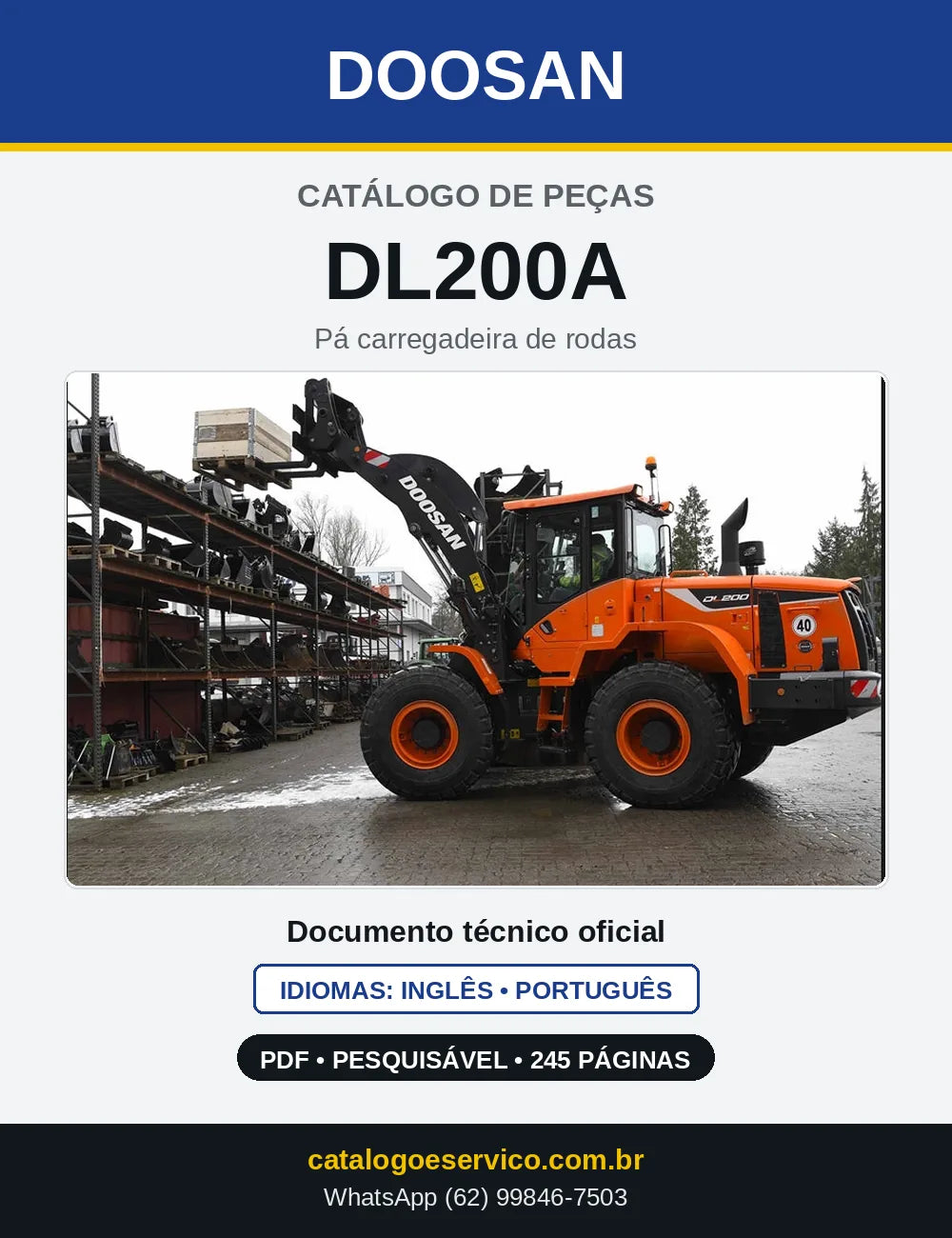 Capa do Catálogo de Peças Doosan DL200A em PDF, inglês e português