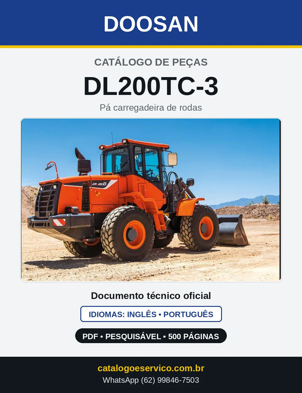 Capa do Catálogo de Peças Doosan DL200TC-3 em PDF, inglês e português