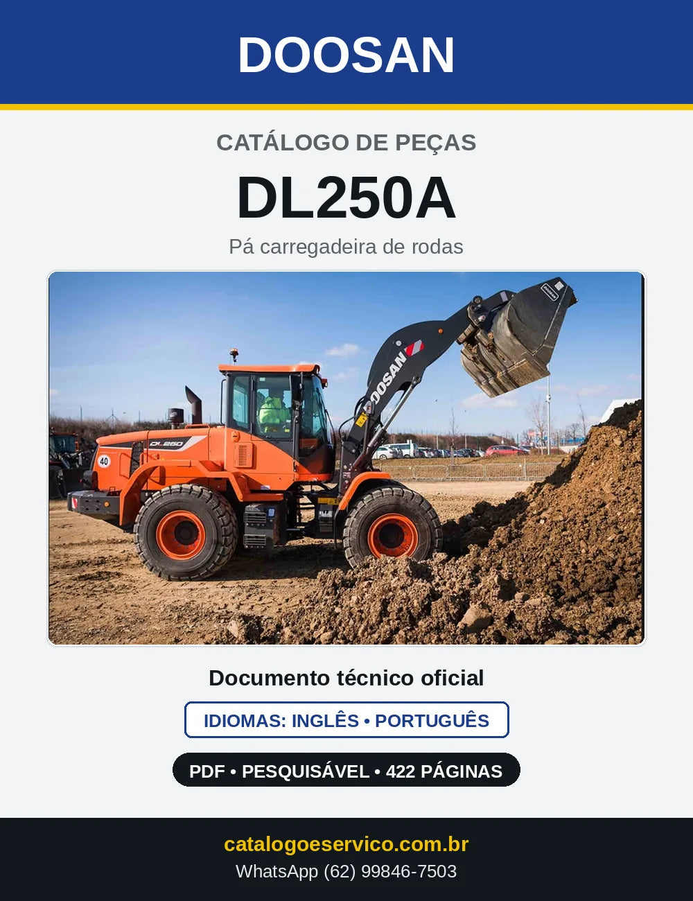 Capa do Catálogo de Peças Doosan DL250A em PDF, inglês e português