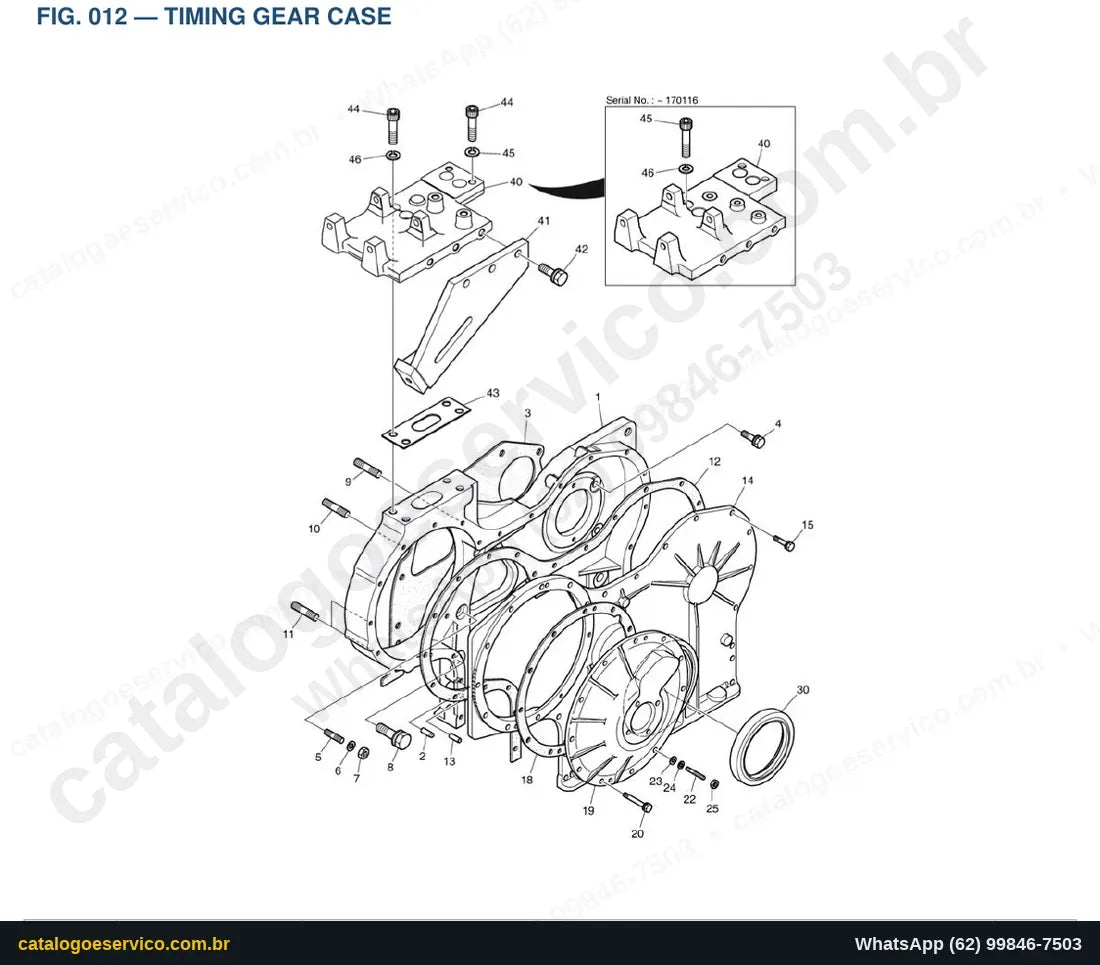 Vista explodida Timing Gear Case - Catálogo de Peças Doosan DL250A