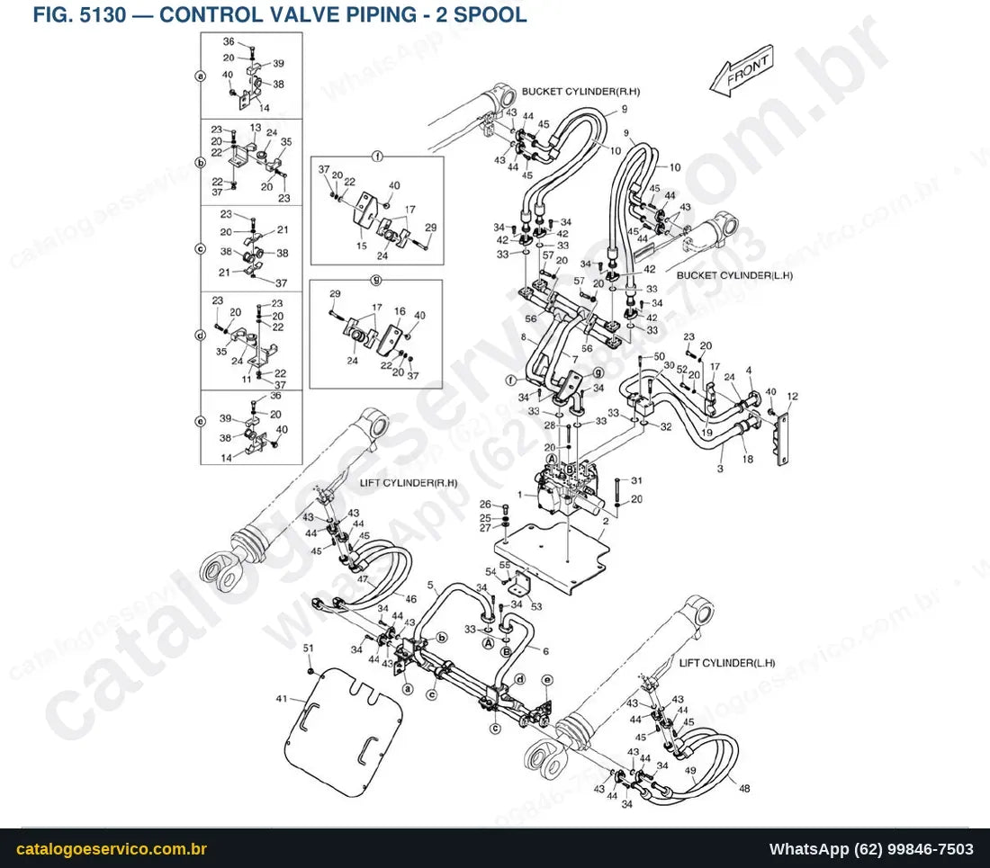 Vista explodida Control Valve Piping - 2 Spool - Catálogo de Peças Doosan DL250TC