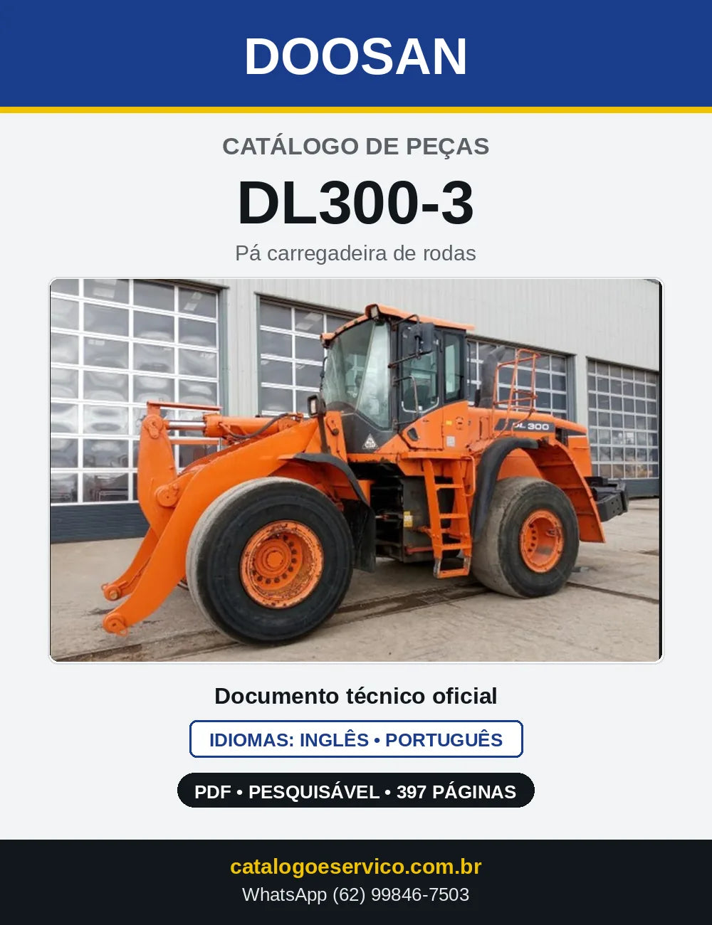 Capa do Catálogo de Peças Doosan DL300-3 em PDF, inglês e português