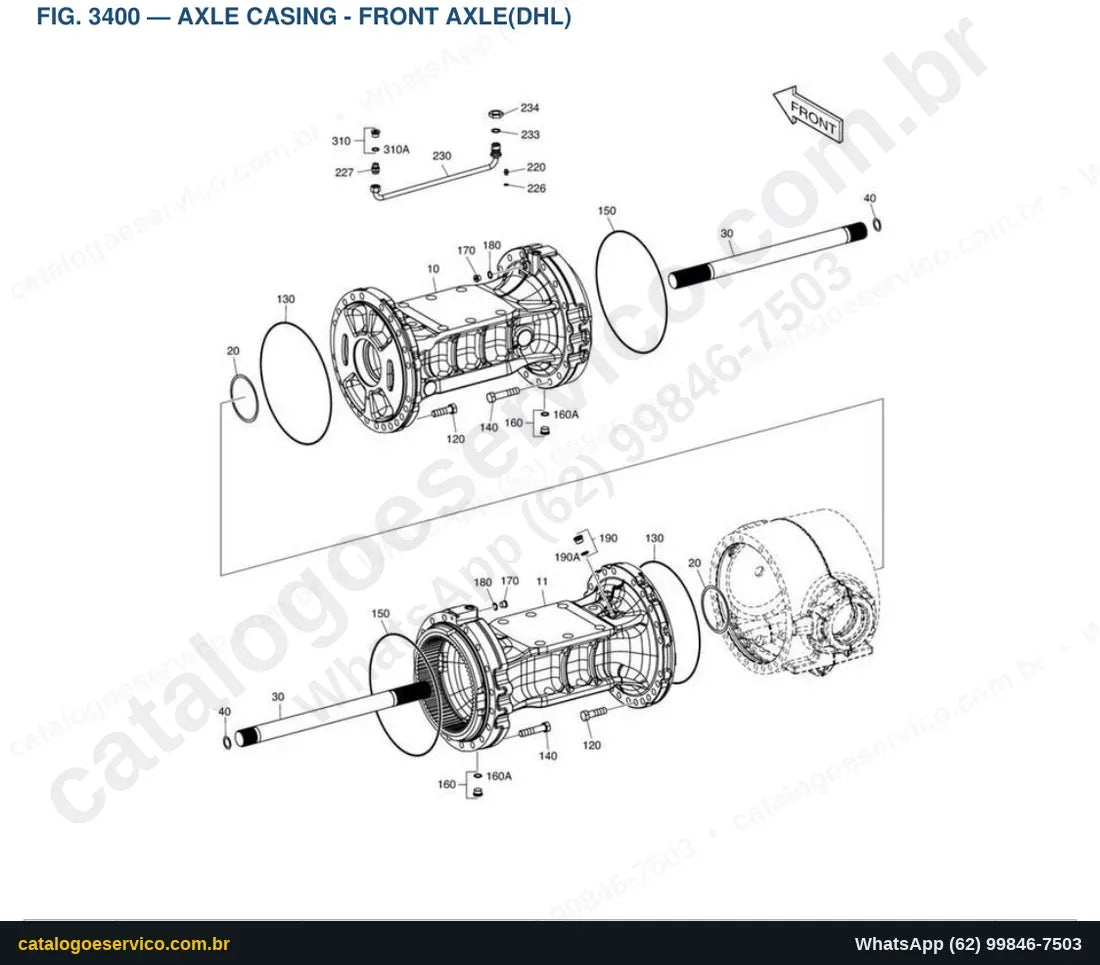 Vista explodida Axle Casing - Front Axle(Dhl) - Catálogo de Peças Doosan DL420-5