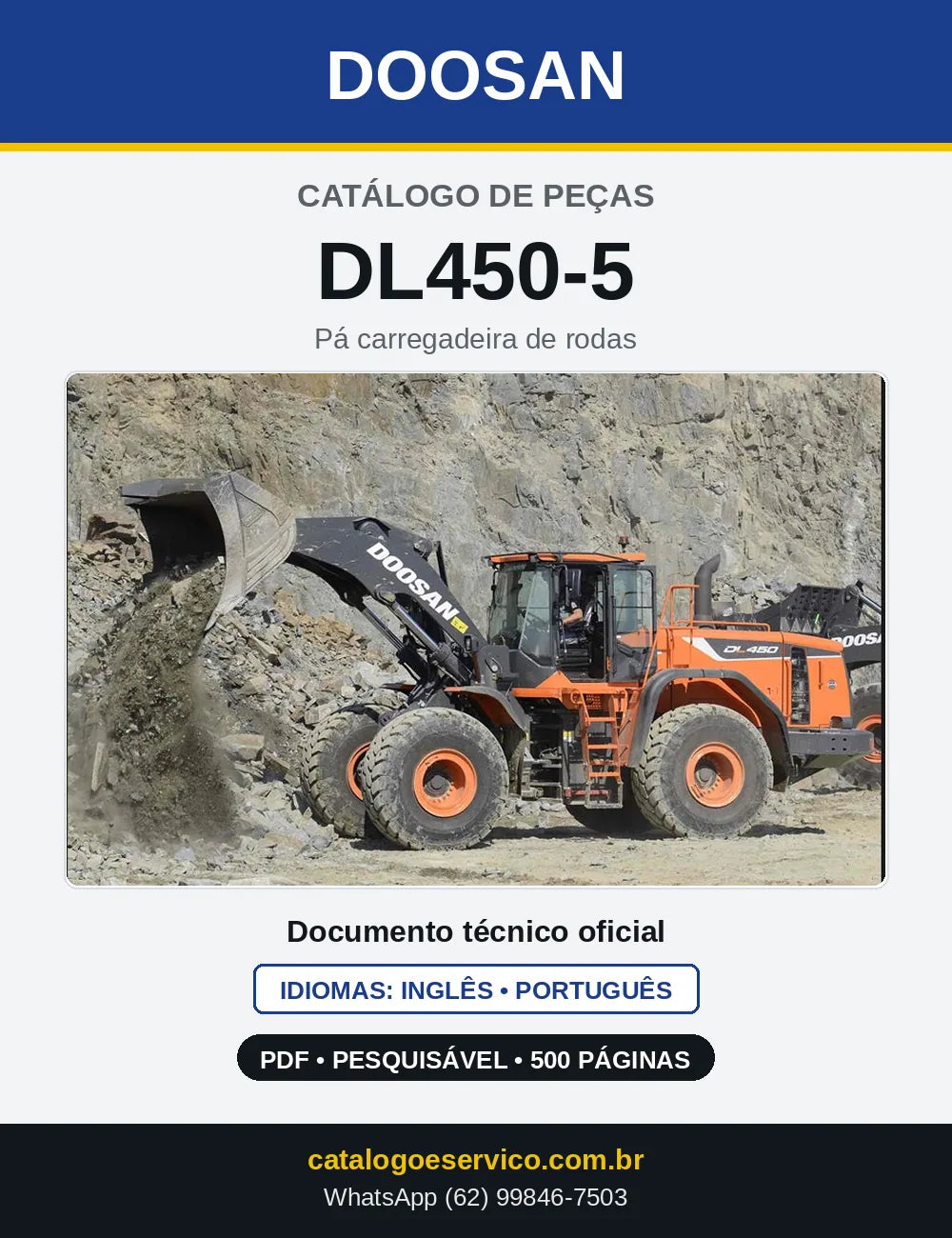 Capa do Catálogo de Peças Doosan DL450-5 em PDF, inglês e português