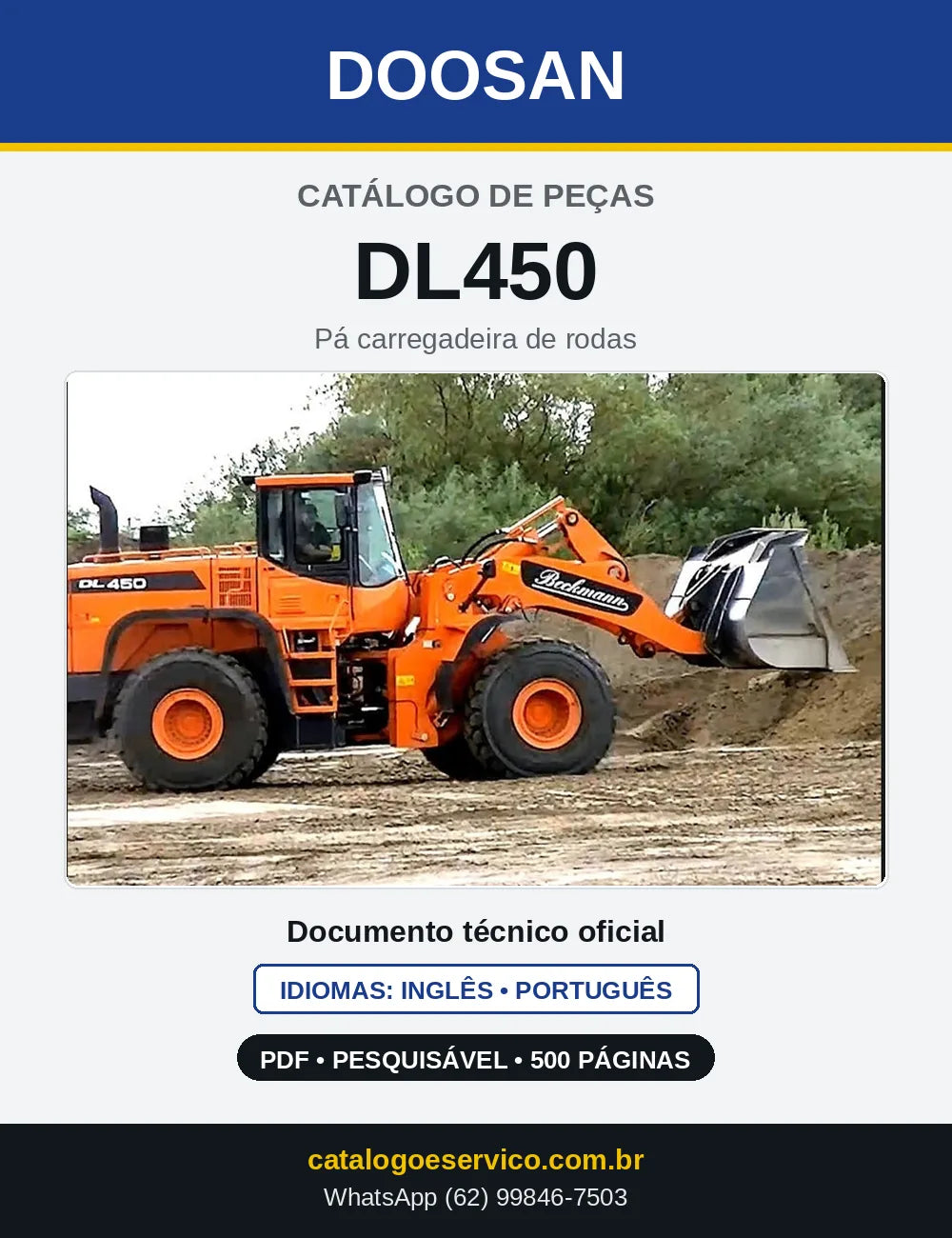 Capa do Catálogo de Peças Doosan DL450 em PDF, inglês e português