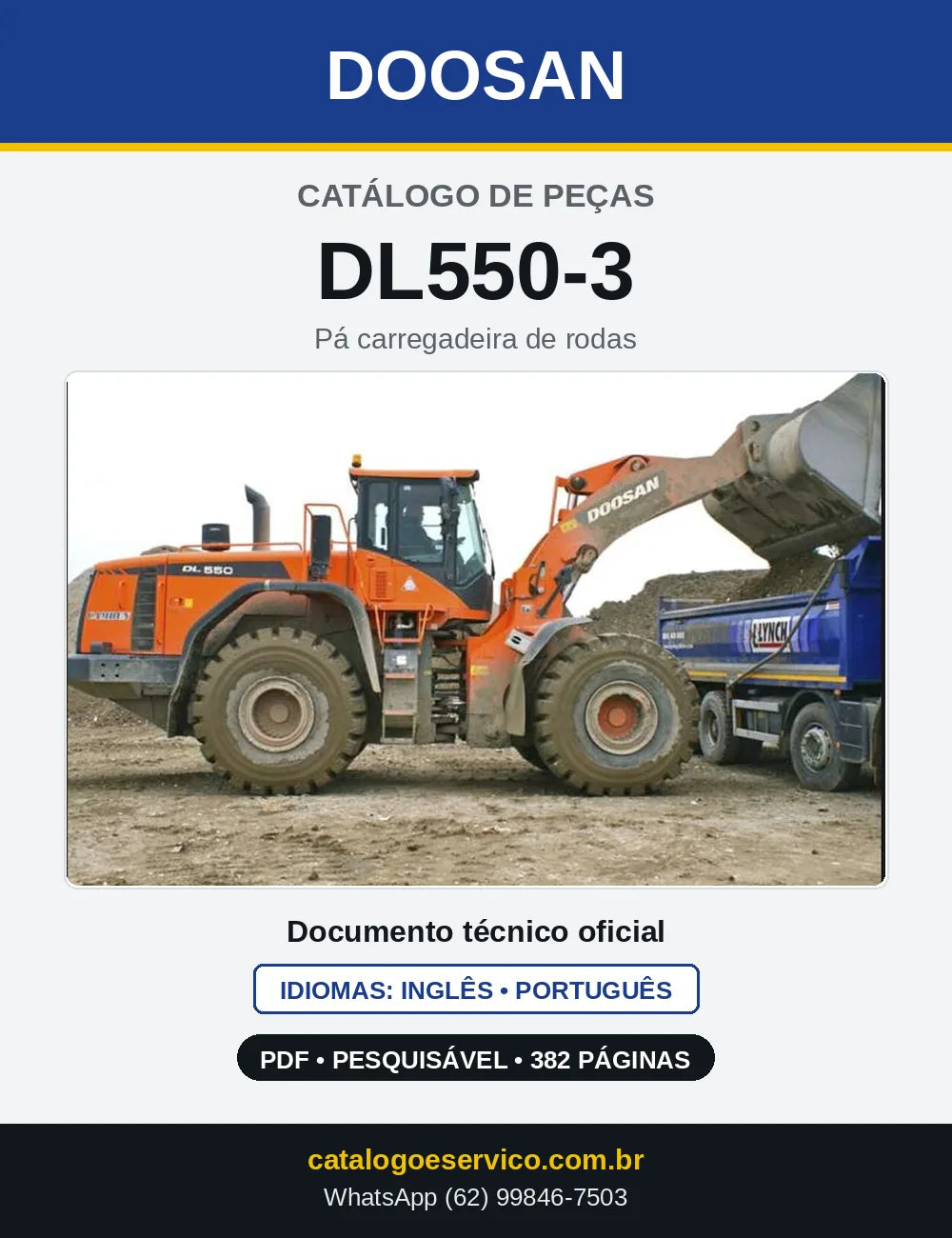 Capa do Catálogo de Peças Doosan DL550-3 em PDF, inglês e português