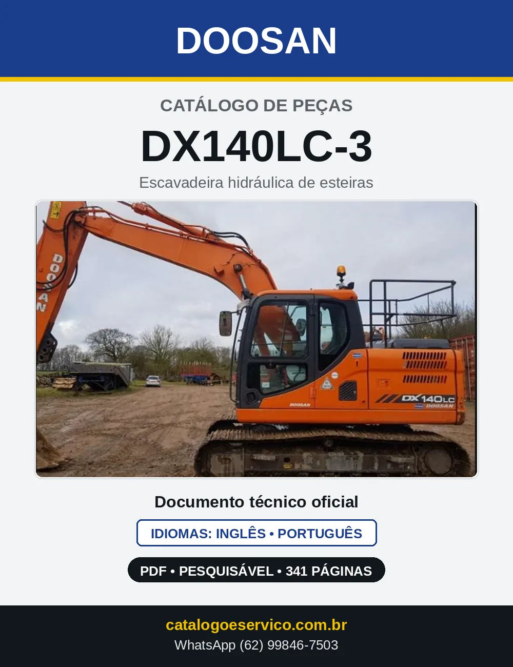 Capa do Catálogo de Peças Doosan DX140LC-3 em PDF, inglês e português